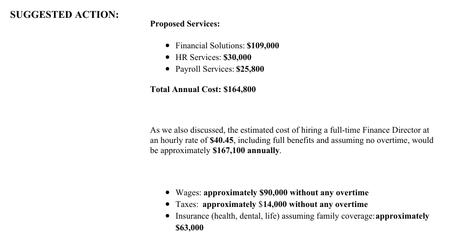 Excerpt of the September 8, 2026 staff report: Abdo services totaling $164,800; estimated in-house finance director at $40.45 an hour, approximately $167,100, with wages approximately $90,000, taxes $14,000, family insurance $63,000