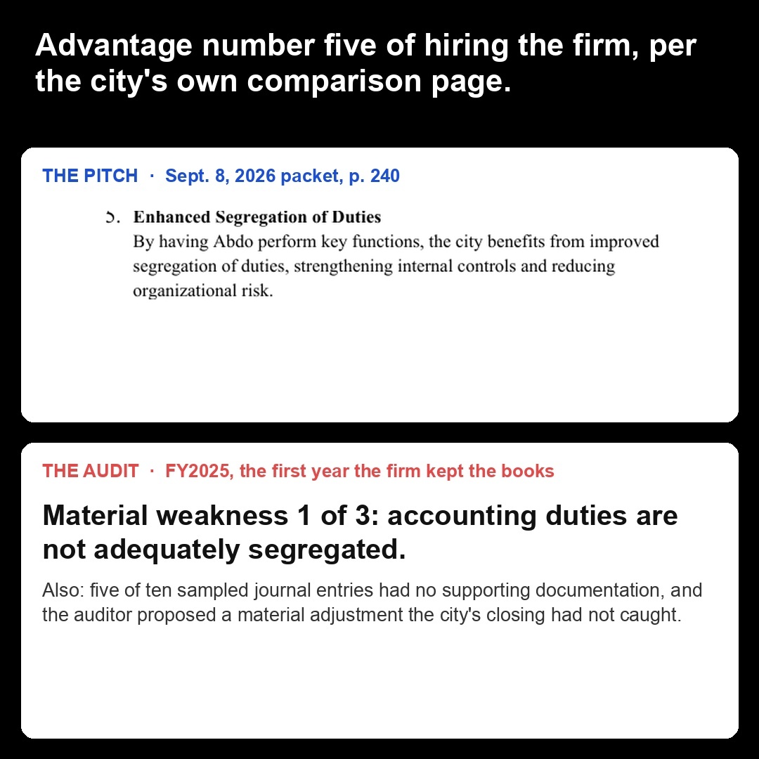Two-panel card: the packet's advantage number five, enhanced segregation of duties, above the audit's first material weakness