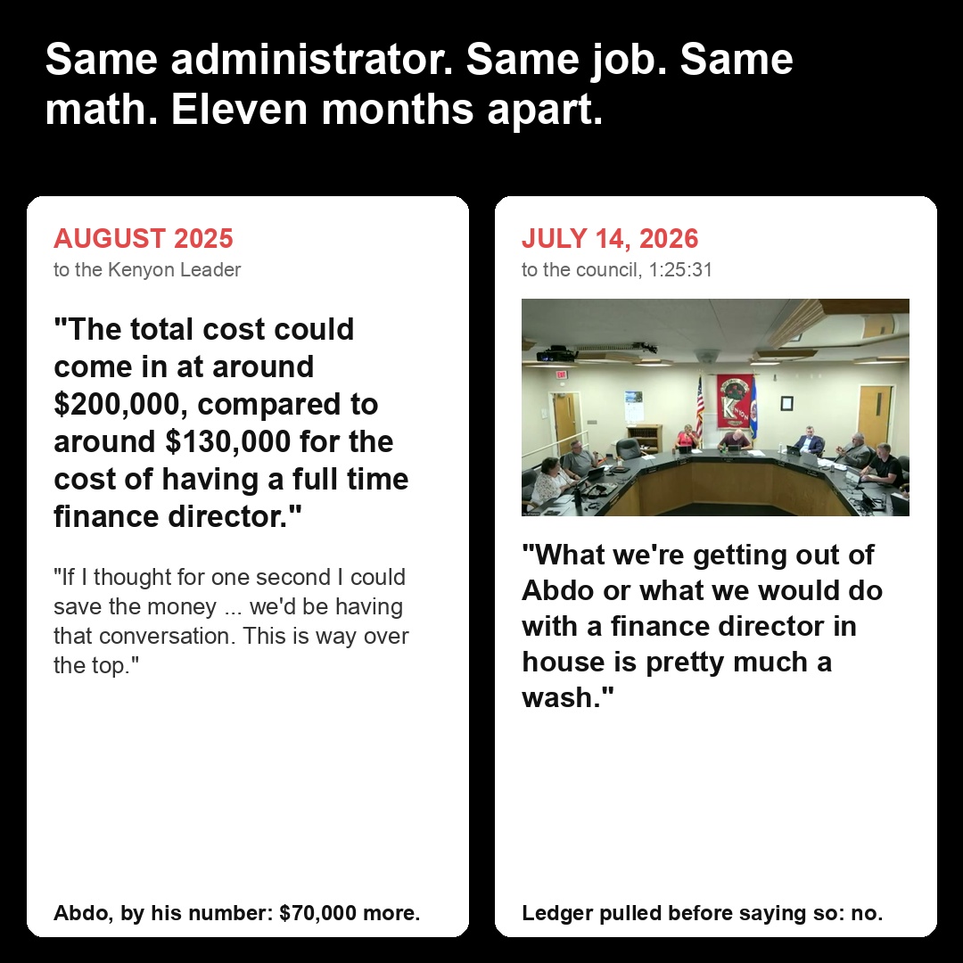 Two-panel card: the August 2025 quote to the Leader beside the July 2026 quote to the council