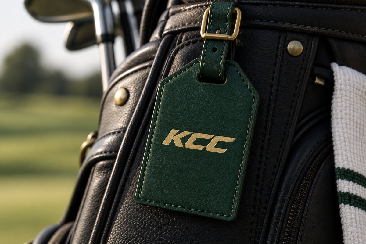 The bag tag: Leather, KCC in gold.