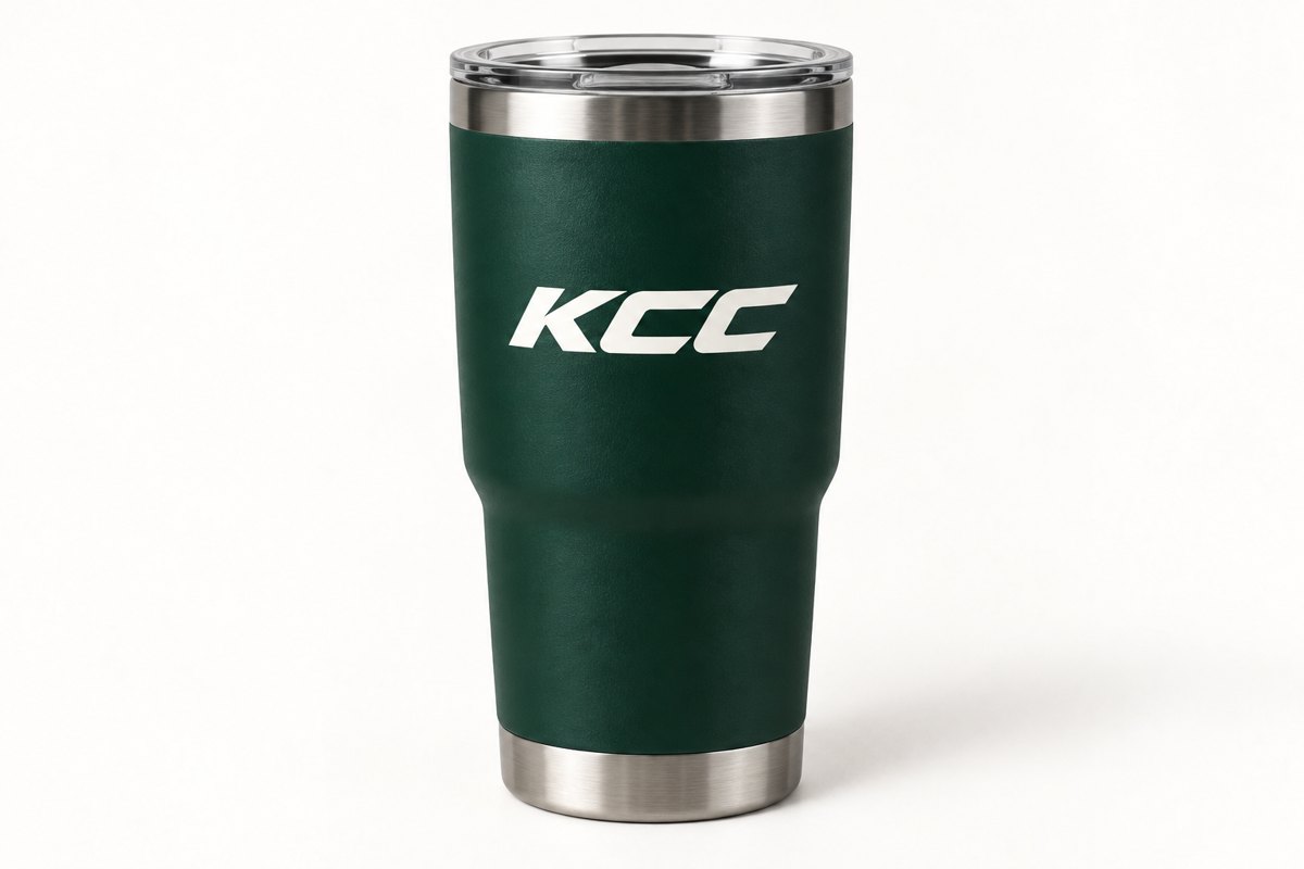 The tumbler: Insulated steel, green, KCC on the side.