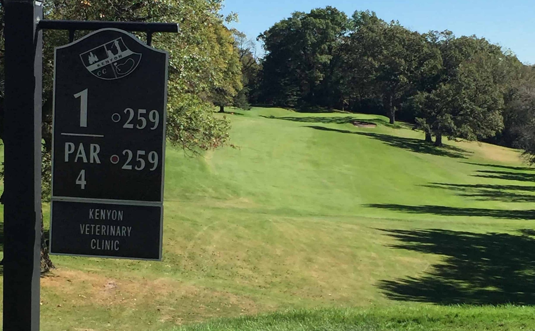The first tee sign at Kenyon Country Club, sponsored by Kenyon Veterinary Clinic