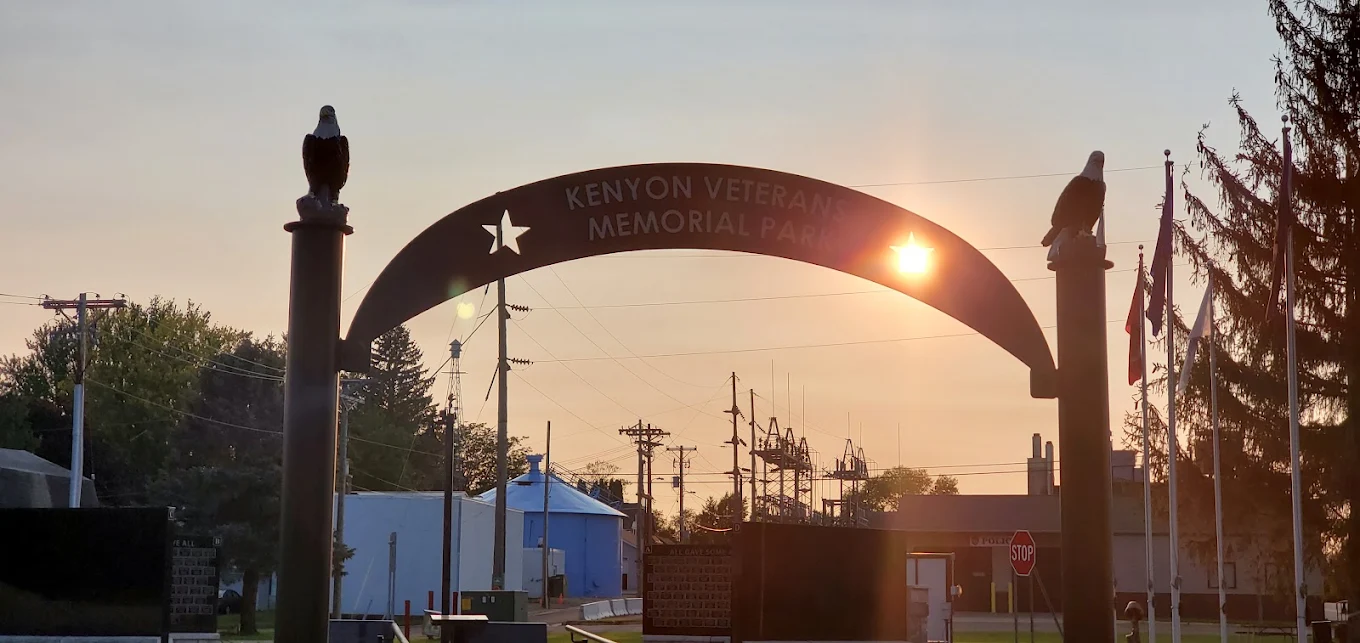 The arch at Kenyon Veterans Memorial Park at sunrise